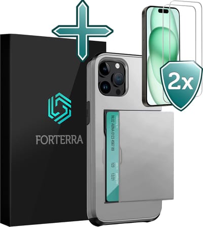 Hoesje Geschikt voor iPhone 15 Pro Pashouder Hard Case Hoes Met 2x Screenprotector - Hoes Geschikt voor iPhone 15 Pro Hoesje Back Cover Met Pasjeshouder - Grijs