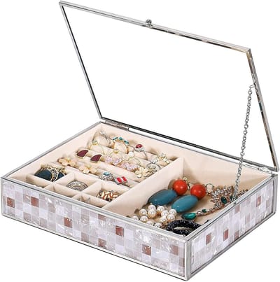 Juwelendoos - Opberger Sieraden - Sieraden Opbergen - Transparant Glazen Deksel - 21.5 cm - Zilverkleurig