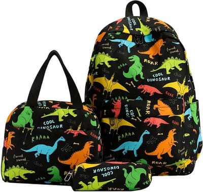 Dinosaurus Rugzak | Kinderen | Zwart | Rugtas, etui en lunchtas met mooie 3D geprinte details | 3-delige set jongens schooltassen | grote schooltas | 20 liter