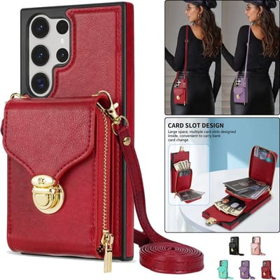 Leren Lanyard Telefoonhoesje met Rits – Flip Stand Cover met Pasjesvak en Polsband, Geschikt voor Samsung Galaxy S24 Ultra – Telefoonhoesje met Lanyard, Pasjeshouder, Flip Cover,Leren telefoonhoesje