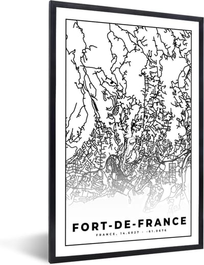 Fotolijst incl. Poster Zwart Wit- Kaart - Plattegrond - Frankrijk - Fort-de-France - Stadskaart - Zwart wit - 40x60 cm - Posterlijst