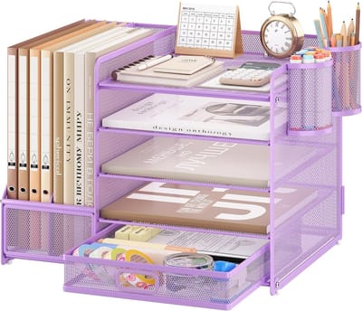 bureau-organizer, 5 niveaus brievenbak met lades, dossierhouder met 2 pennenhouders, bureau-organizer met staande verzamelaar, kantoorbenodigdheden voor A4-documenten (Paars)