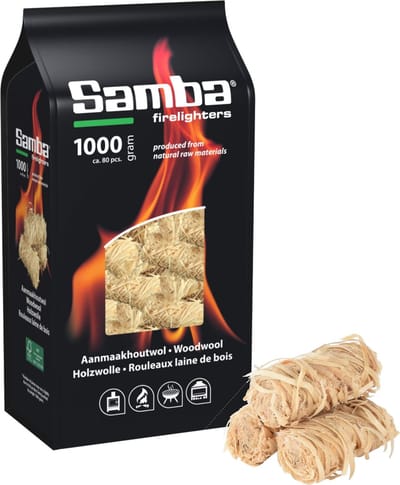 Samba Premium aanmaakwokkels en aanmaakkrullen 1 kilo (80 stuks) met lange brandduur voor veilig en natuurlijk aansteken van BBQ, haard en vuurkorf