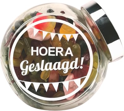 Snoeppot met tekst, "Hoera Geslaagd", gevuld met Winegum mix , geslaagd cadeautje - diploma cadeau - examen cadeau - rijbewijs cadeau