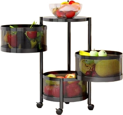 Roterend Opbergrek 3-Laags - Zwart - Keuken Organizer met Verwijderbare Manden - Fruit & Groente Opslag