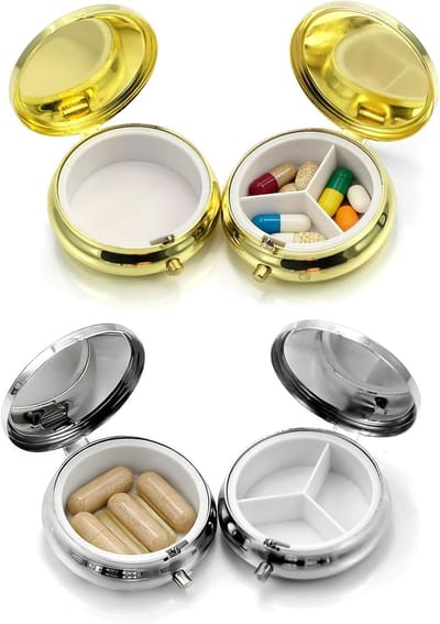 Metalen pillendoosjes set van 4, ideaal voor reizen, medicijnorganizer met 30 ml inhoud, 2 x 3 vakken en 2 x enkel vak, goud en zilver