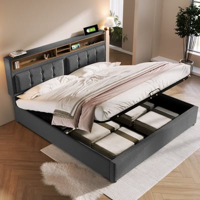 Sweiko Gestofferd bed Dubbele bed Oplaadfunctie met USB, type C Stopcontact Hoofdbord, Opbergbed,Grijs, linnenmateriaal bedstead Jeugdbed 140x200 met Flat noedels grille (geen matras)