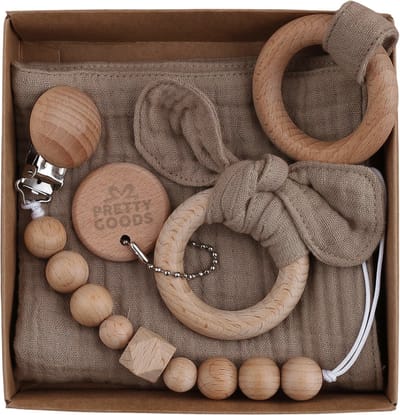 Baby Cadeau – Kraamcadeau Unisex – 3-delige Geschenkset met Bijtring, Speenkoord & Knuffeldoekje – Babyshower / Gender Reveal - Taupe