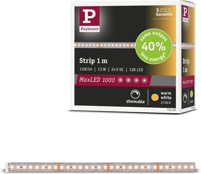 ' Paulmann 71245 MaxLED 1000 LED-strip warm wit, enkele strip, 1 m, 7,2 W, 1100 lm/m, 128 LED's/m, 2700K'