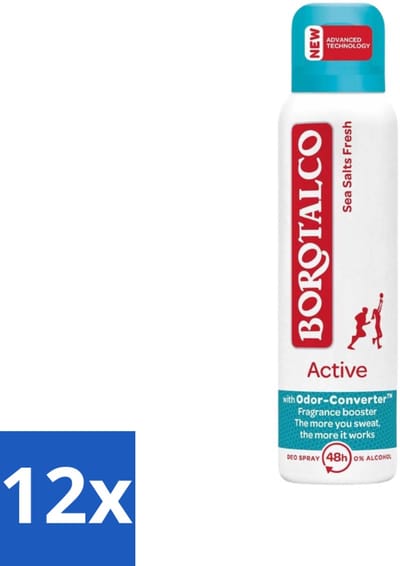 Borotalco - Deodorant Spray - Active - Sea Salts Fresh - 0% Alcohol - 150 ml - Voordeelverpakking - 12 stuks
