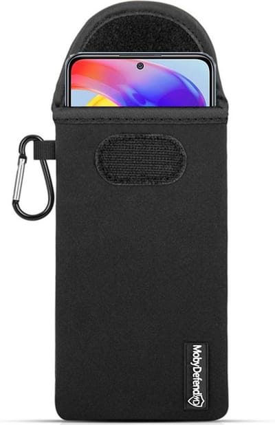 MobyDefend Hoesje - Geschikt voor Xiaomi Redmi Note 11 Pro / Note 11 Pro 5G - Neopreen Pouch Met Karabijnhaak - Insteek - Riemlus - Zwart