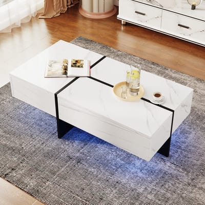 OKWISH Salontafel – Marmerlook – 3 Laden – Met App-Bediening LED-Verlichting – Modern Stijl Met Opbergruimte – Spaanplaat Wit Hoogglans – 100x50x34,5 cm
