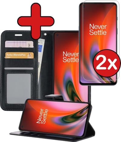 Hoesje - Met 2x Screenprotector - Geschikt voor OnePlus Nord 2 - Luxe Pasjeshouder - Flip Case - Bookcase Portemonee - Kunstleer Book Case - Flipcase Hoes - Book Cover - Walletcase - Portemonneehoes - Telefoonhoes - Zwart