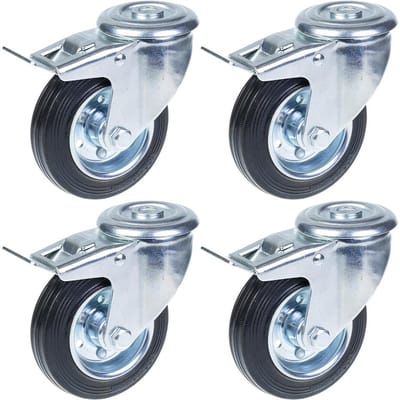 100 mm (4") rubberen zwenkwiel met rem, draaibaar, met een draagvermogen van 360 kg, set van 4