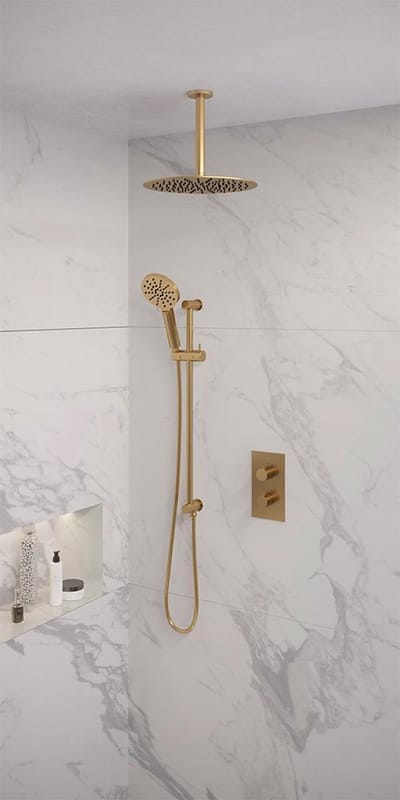 Brauer Gold Edition thermostatische inbouw regendouche 3-weg omstelling SET 48 met 30 cm douchekop en plafondarm en 3-standen handdouche en doucheslang en geïntegreerde glijstang goud geborsteld PVD