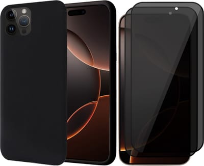 Hoesje geschikt voor iPhone 16 Pro - 2x Privacy Screenprotector Volledig Dekkend Glas - Matte Case Zwart met Fluweelzachte Binnenzijde