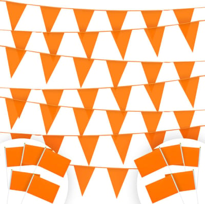 Fissaly 100 Meter Oranje Vlaggenlijn – 10 Slingers van 10 Meter - Vlaggen – Incl. 10 Zwaaivlaggetjes Nederland – Plastic Vlaggetjes - WK Voetbal