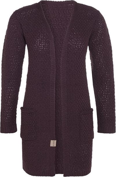 Knit Factory Luna Gebreid Vest Aubergine - Gebreide dames cardigan - Middellang vest reikend tot boven de knie - Paars damesvest gemaakt uit 30% wol en 70% acryl - 36/38 - Met steekzakken