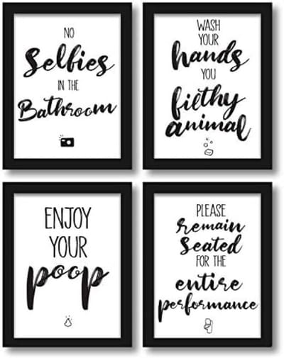 Set van 4 Grappige Badkamerposters met Humoristische Citaten - Zwart-Wit Decoratieve Wanddecoratie voor Toilet en Badkamer - A4 Formaat 21x29,7 cm zonder Lijst