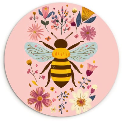 WallCircle® Wandcirkel 120x120 cm - Muurcirkel Bij - Geel - Bloemen - Kleurrijk - Muurdecoratie woonkamer - Wanddecoratie slaapkamer - Kamer decoratie accessoires - Ronde schilderijen XXL