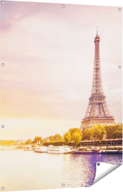 Gards Tuinposter Eiffeltoren in Parijs aan het Water - 90x120 cm - Tuindoek - Tuindecoratie - Wanddecoratie buiten - Tuinschilderij