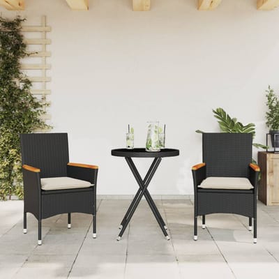 vidaXL - 3-delige - Bistroset - met - kussens - poly - rattan - en - glas - zwart