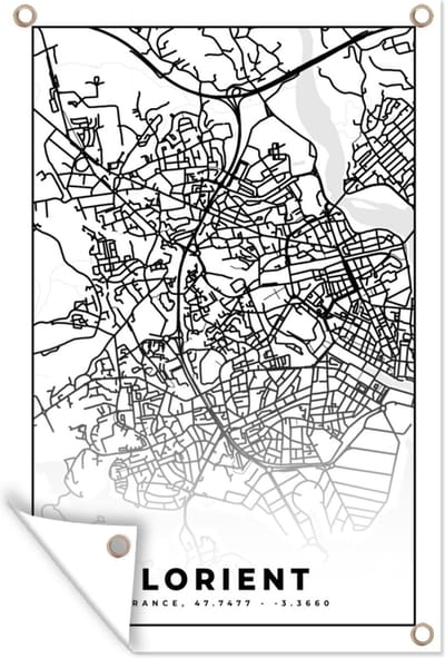 Muurdecoratie Plattegrond - Lorient - Kaart - Frankrijk - Stadskaart - Zwart wit - 120x180 cm - Tuinposter - Tuindoek