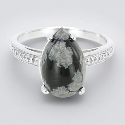 Cavill - Ring 925 Sterling Zilver - 4,27 ct Peervormige Zwarte Sneeuwvlok Obsidiaan - 0,13 ct Pave Zirconia - Elegante Edelstenen