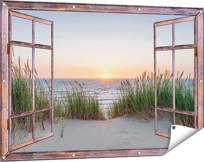 Gards Tuinposter Doorkijk Zee vanuit Duinen met Zonsondergang - 120x80 cm - Tuindoek - Tuindecoratie - Wanddecoratie buiten - Tuinschilderij