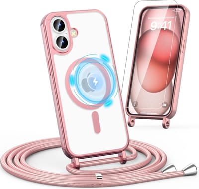 Casemania Hoesje en Glas Geschikt voor Apple iPhone 16 - Roze - Siliconen Back Cover met Koord Geschikt voor Magsafe + Glazen Screenprotector - Telefoonhoesje met Koord - Crossbody Lanyard Cord Case