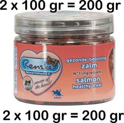 ** 2 X ** RENSKE kattensnack - gezonde beloning ZALM- hartjes - 86% zalm - n° 1 ingredient 100 gr ** = 200 GR **