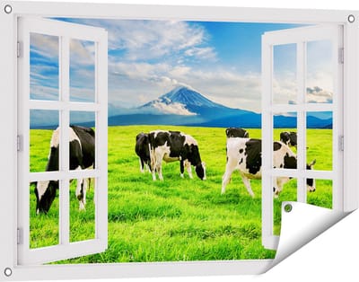 Gards Tuinposter Doorkijk Koeien in de Wei - 90x60 cm - Tuindoek - Tuindecoratie - Wanddecoratie buiten - Tuinschilderij