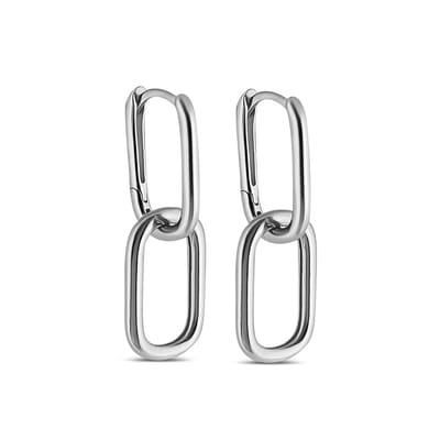 New Bling 9NB-1241 Zilveren Oorringen met Hanger - Rechthoek - Ovaal - Schakel - 16,6x11mm - 29mm Totaal Lengte- 1,6 Dikte - Rhodium - Zilver