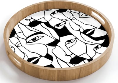 Dienblad rond 40x40 cm - Schootdienblad hout - Lijnen - Gezichten - Zwart - Wit - Borrelplank rechthoek - Plateau houten dienbladen