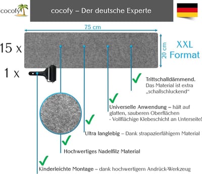 Famanu – Trapmatten set van 15 75 x 20 cm – modern vilt traptapijt – zelfklevend – grijs