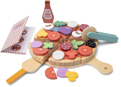 Woet® Houten Pizza Speelset - Complete "Maak je eigen pizza" set met 30+ Accessoires - Toppings met Klittenband, Snijgereedschap, Hete Saus en Menukaart - Rollenspel Keukenspeelgoed - Speelgoedeten - Vanaf 2 Jaar