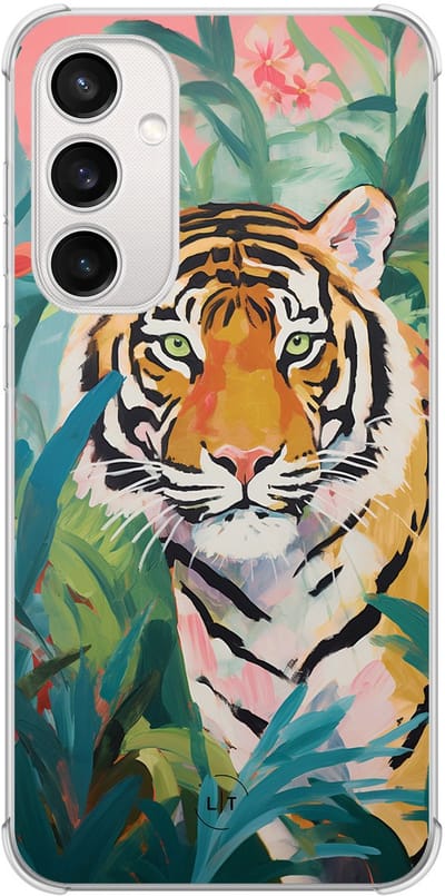 Shockproof hoesje - Geschikt voor Samsung Galaxy S23 FE - Tijger in de jungle - Extra sterke case - TPU/polycarbonaat - Print / Illustratie - Multi, Transparant
