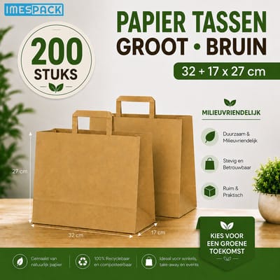 Papieren Draagtas Bruin - 32+17x27 cm - Groot - 200 Stuks - Kraft - IMES PACK