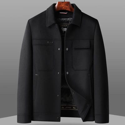 Winter Heren Handgemaakt Dubbelzijdig Tweed Jas Revers Dons Uitneembare Voering Verdikte Wollen Jas Jas 195 zwart