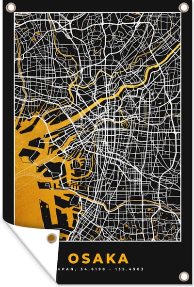 Muurdecoratie Osaka - Kaart - Stadskaart - Plattegrond - Goud - 120x180 cm - Tuinposter - Tuindoek