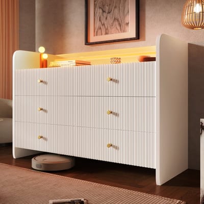 Wishdor Dressoir - Met Ledverlichting - 6 Lades - Golvend Reliëfdesign - Metalen Handgrepen - Spaanplaat - Wit - 120 X 40 X 75 Cm