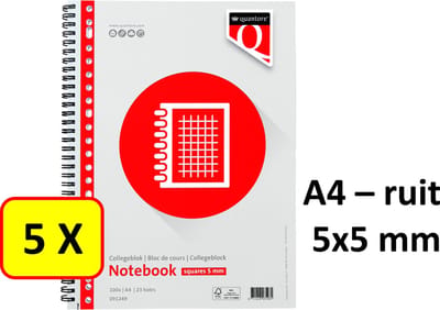 5 x Spiraalblok Quantore - A4 - Ruit 5x5mm - 23 gaats - 70gr - 100vel