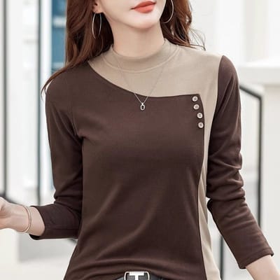Nieuwe Herfst- en Winterstijl Plus Size Halfhoge Col Basis Shirt voor Dames Design Top met Lange Mouwen XL bruin