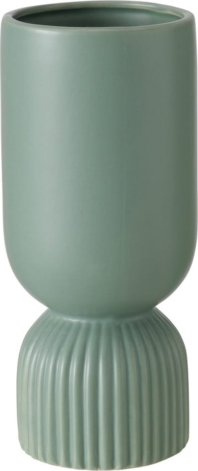 Vaas van groen keramiek met een geribbelde voet. Doorsnede 10 cm Hoogte 24cm