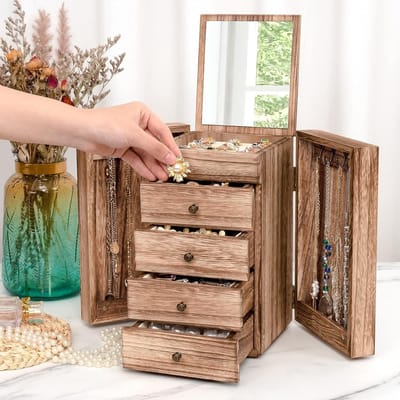 Grote houten sieradenbox voor vrouwen met spiegel, opbergdoos voor ringen, oorbellen, armbanden en kettingen in retro bruin
