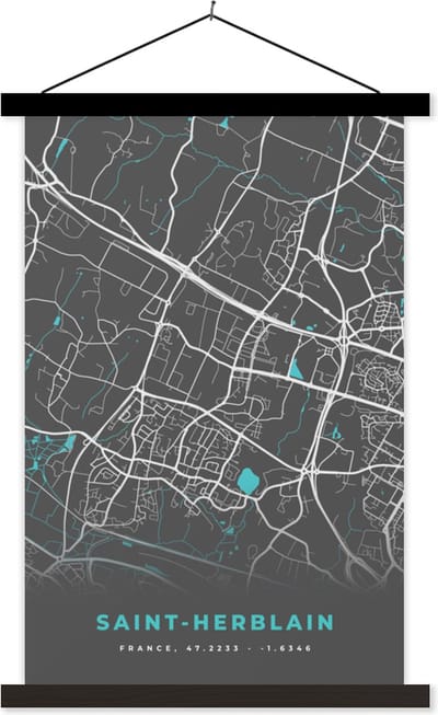 Posterhanger incl. Poster 40x60 cm - Schoolplaat - Frankrijk - Stadskaart - Plattegrond - Saint-Herblain - Kaart - Textielposter - Zwarte latten - Stadskaart