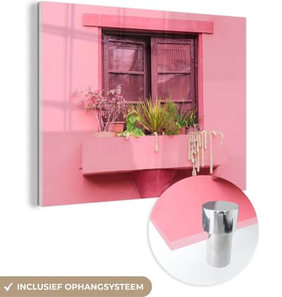 MuchoWow® Glasschilderij 40x30 cm - Schilderij acrylglas - Raam - Planten - Roze - Plantenbak - Foto op glas - Schilderijen