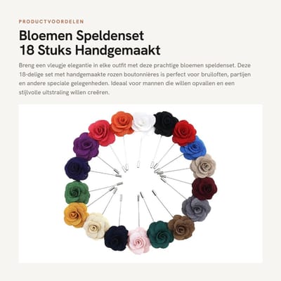 Dailygoods- Bloem Boutonniere Set 18 Stuks - Handgemaakt - Reversspeldje - Bruiloft/Party - Geassorteerde Kleur - Hoge Kwaliteit - Reversspeld