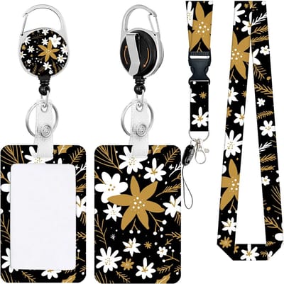 Travel Cords - Pashouder Set Bloemen Goud - 4 in 1 set - pashouder - keycord - uitrekbare badgehouder - telefooncord - stevig - werk - school