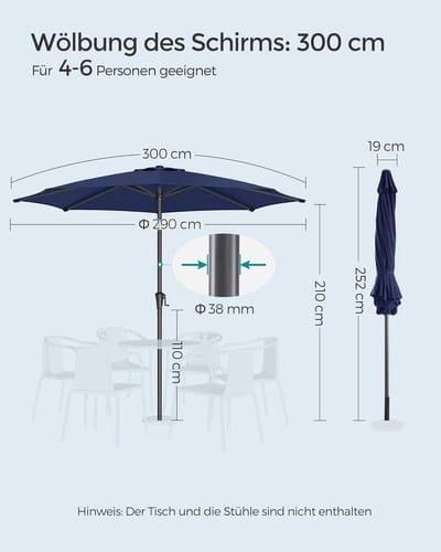 Tuinparasol 300 cm Windbestendig & Kantelbaar 30°, 3-Laags Geventileerd, UV-Bescherming, Zwengel, Luxe Terrasparasol Rond Donkerblauw voor Tuin, Balkon en Terras – Afmetingen op aanvraag – Bellavero